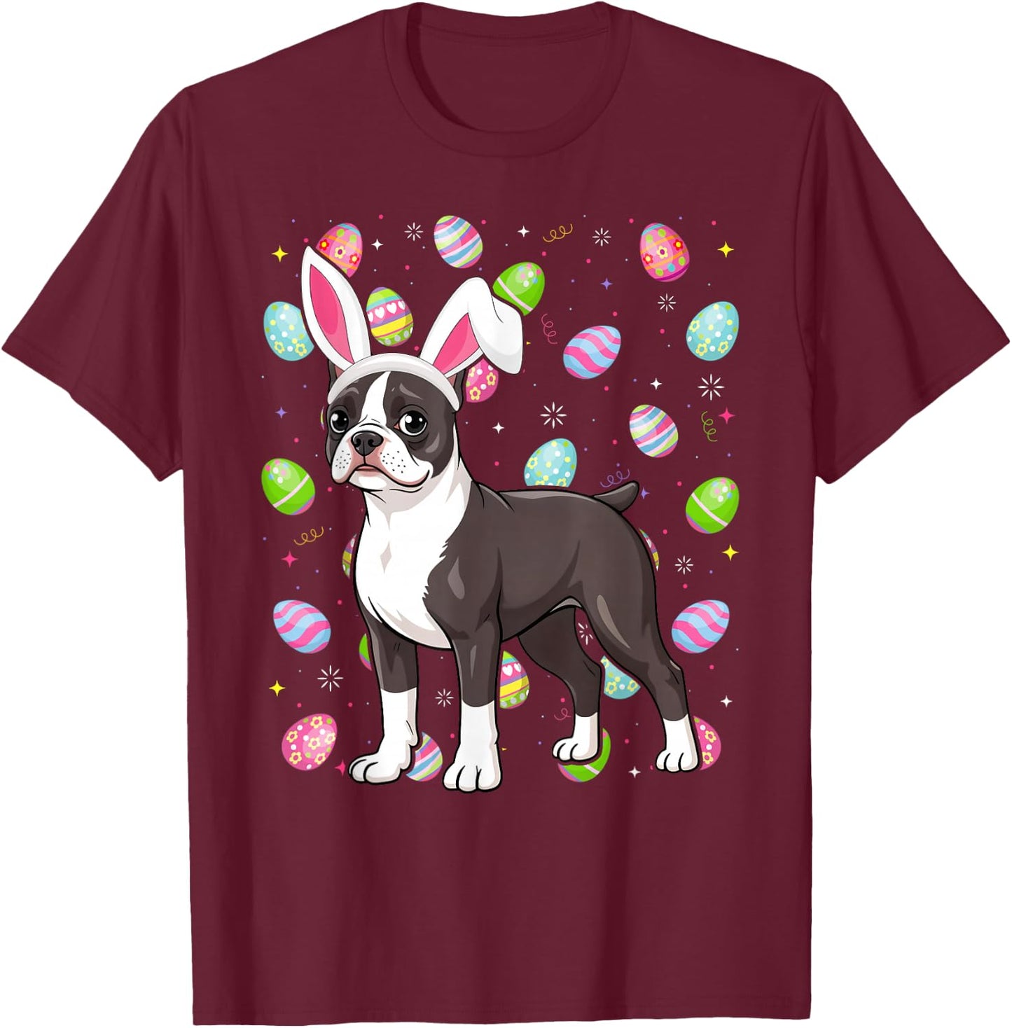 Boston Terrier Dog Happy Easter Egg Hunt Bunny Ear Easter T-Shirt - T-Shirt | Maroon