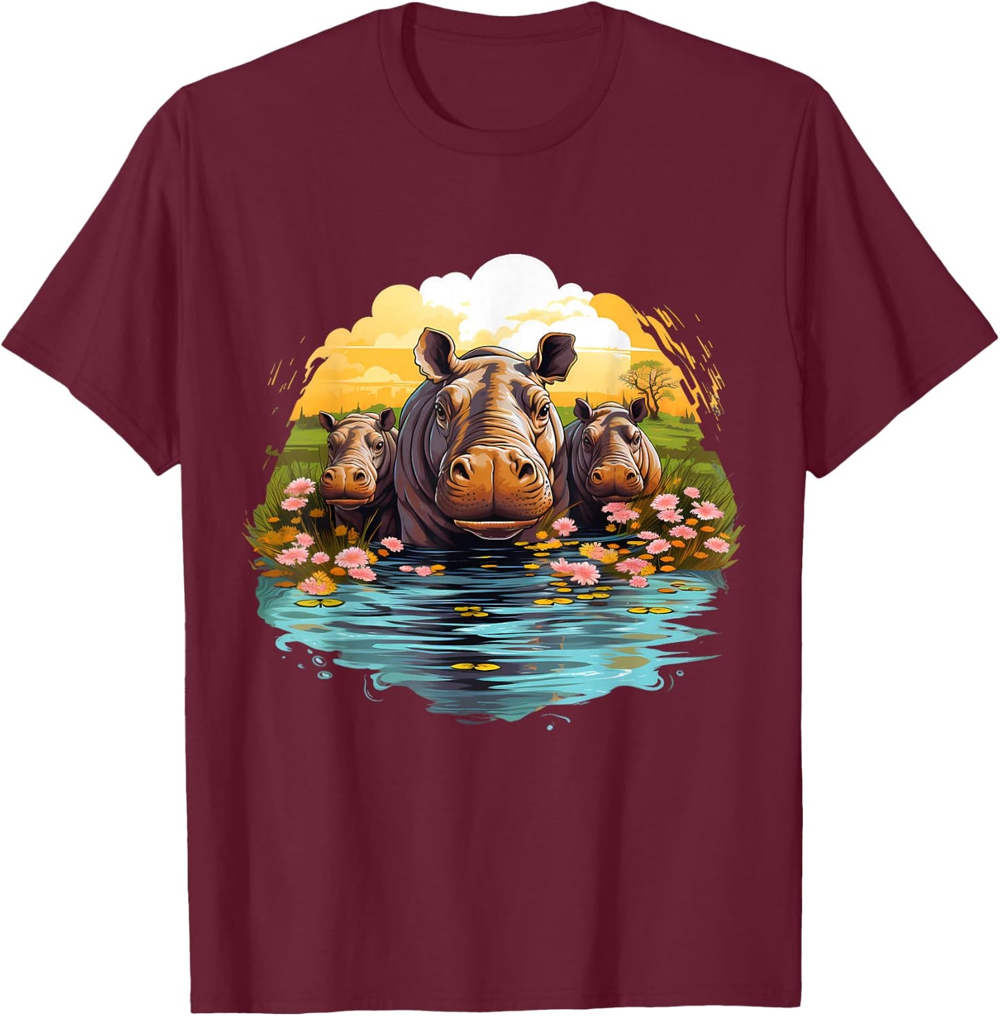 Hippo Floral Artwork Nature Wildlife Hippopotamus Savanna T-Shirt - T-Shirt | Maroon
