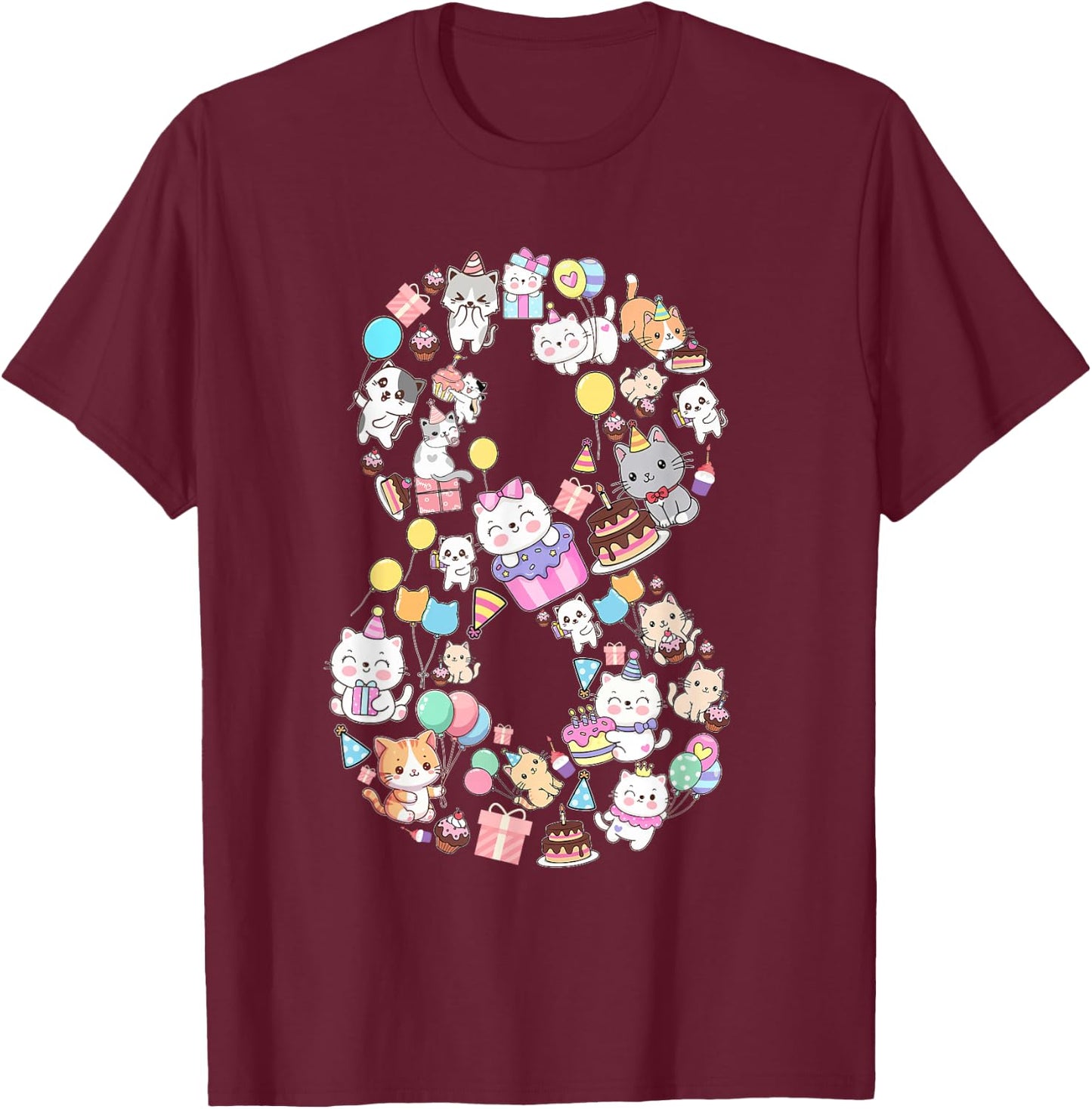 8 Year Old Cat Lover 8th Birthday Cat Animals Themed T-Shirt - T-Shirt | Maroon