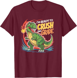 Boy Kid Ready To Crush 2nd Grade Dinosaur Back To School T-Shirt - T-Shirt | Maroon