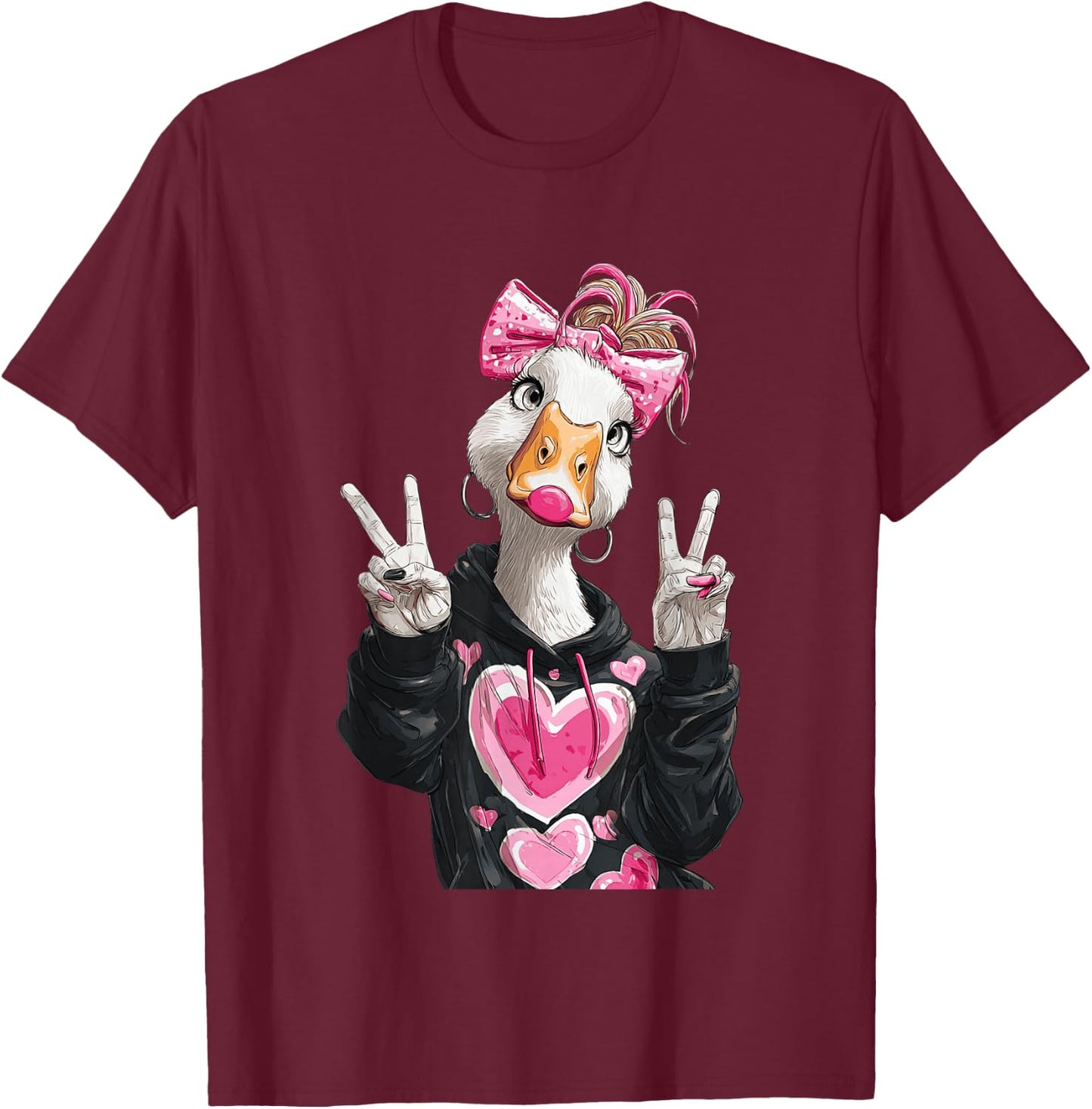 Cute Goose Girl Bubble Gum Peace Sign Animal Graphic Pink T-Shirt - T-Shirt | Maroon