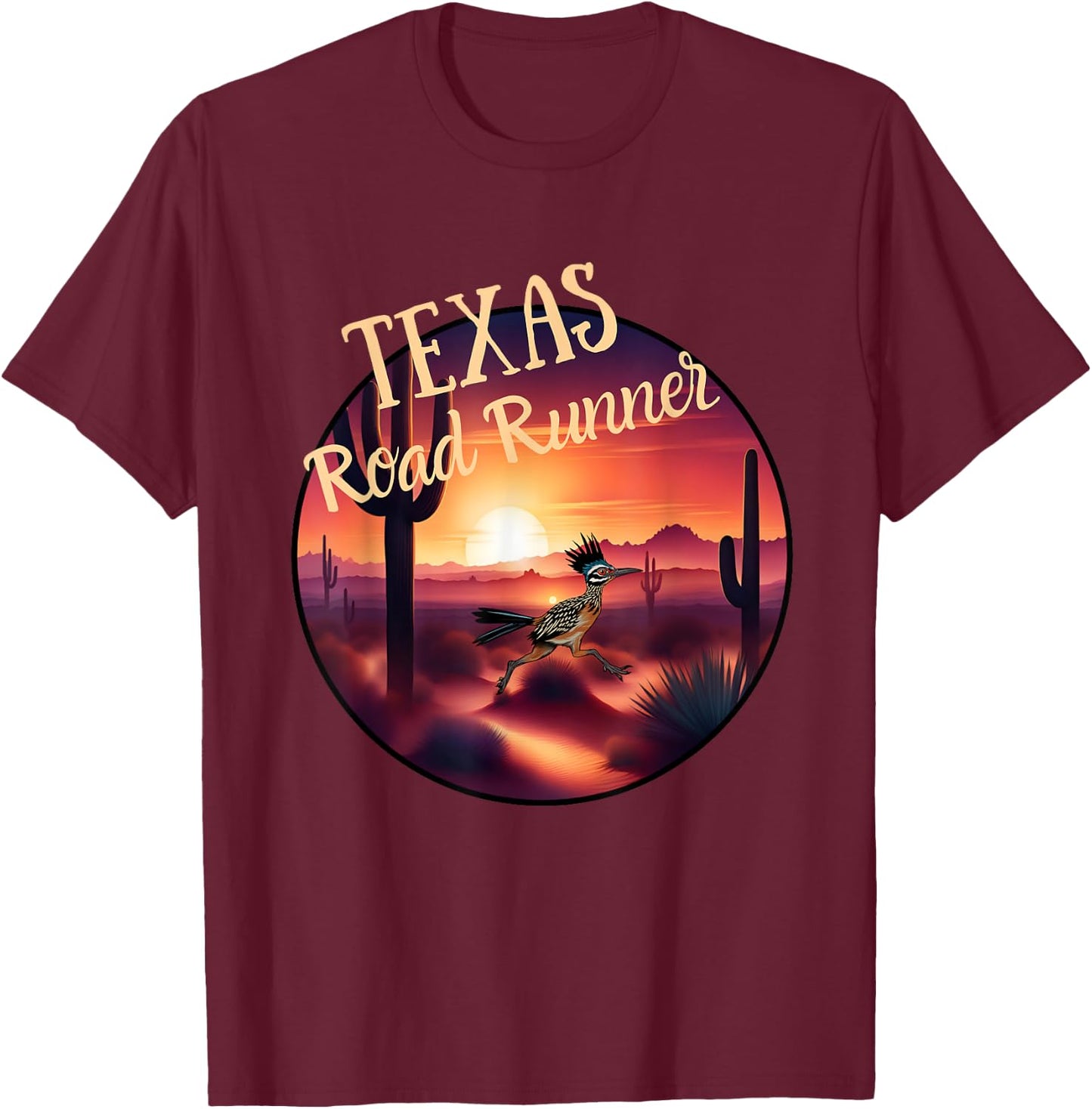 Texas Road Runner Cactus Sunset in the Desert Bird Lover T-Shirt - T-Shirt | Maroon