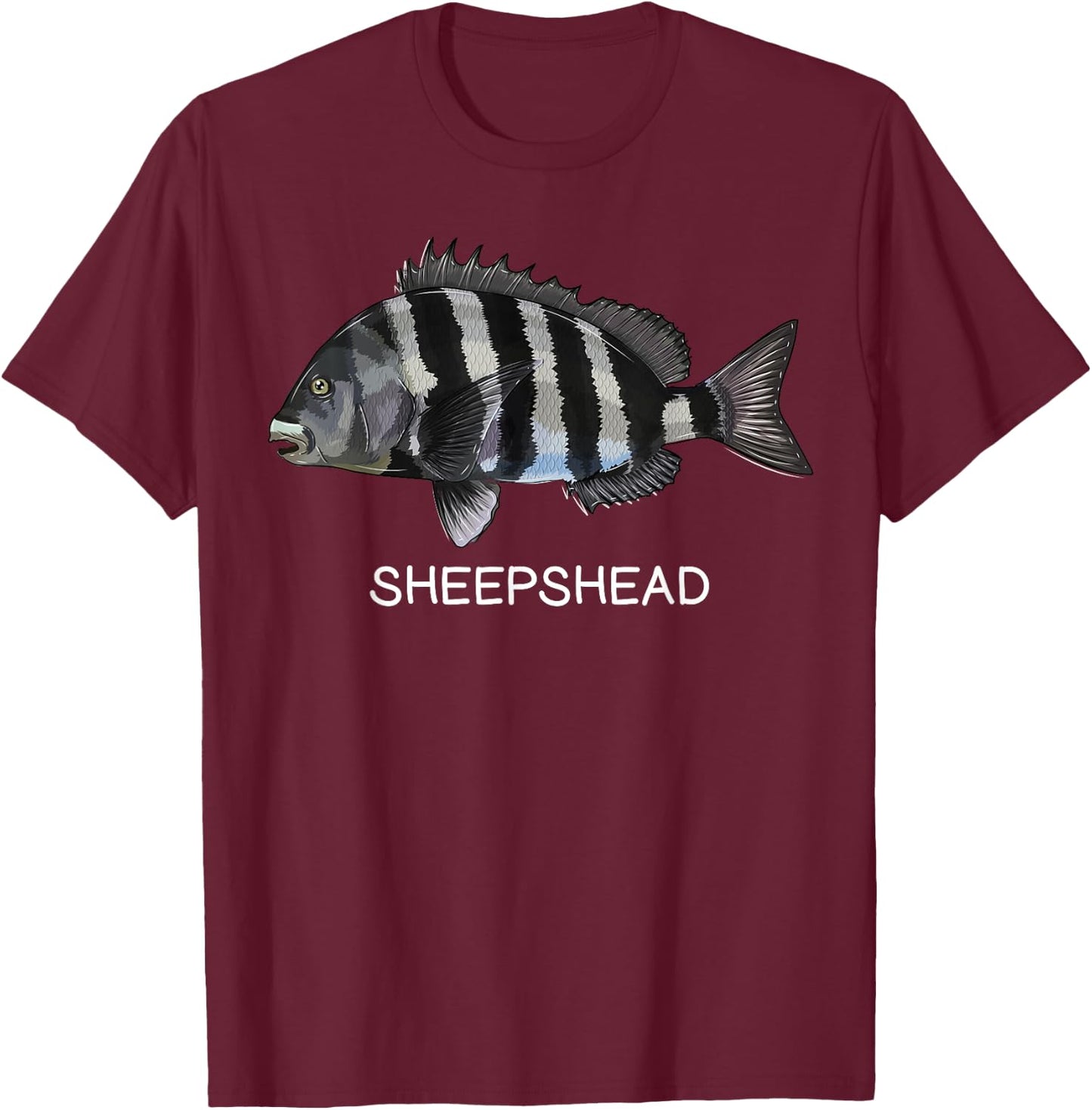 Sheepshead Gift Co. Sheepshead Saltwater Game Fish - Boys, Fishing Enthusiasts - - Short Sleeve - Black - Small - Classic Fit - Cotton, Polyester Blend T-Shirt - T-Shirt | Maroon