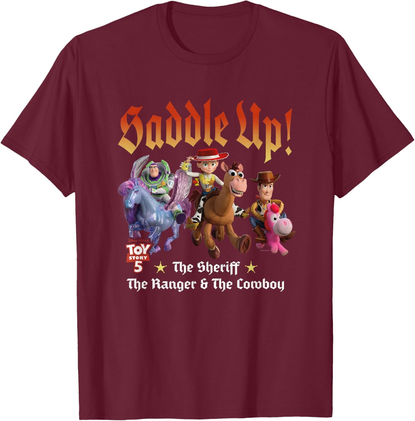 Disney Pixar Toy Story 5 Saddle Up Toys Group Shot T-Shirt - T-Shirt | Maroon