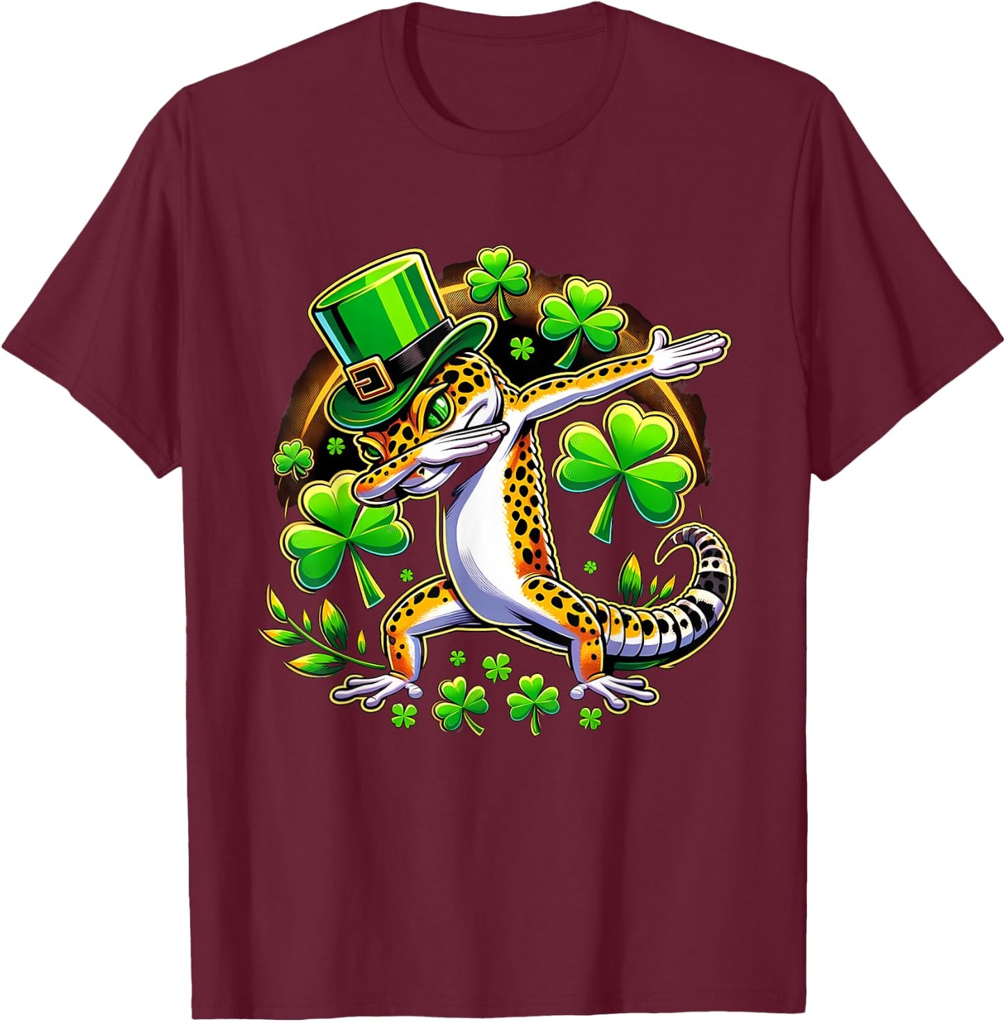 St Patricks Leprechaun Dabbing Leopard Gecko T-Shirt - T-Shirt | Maroon