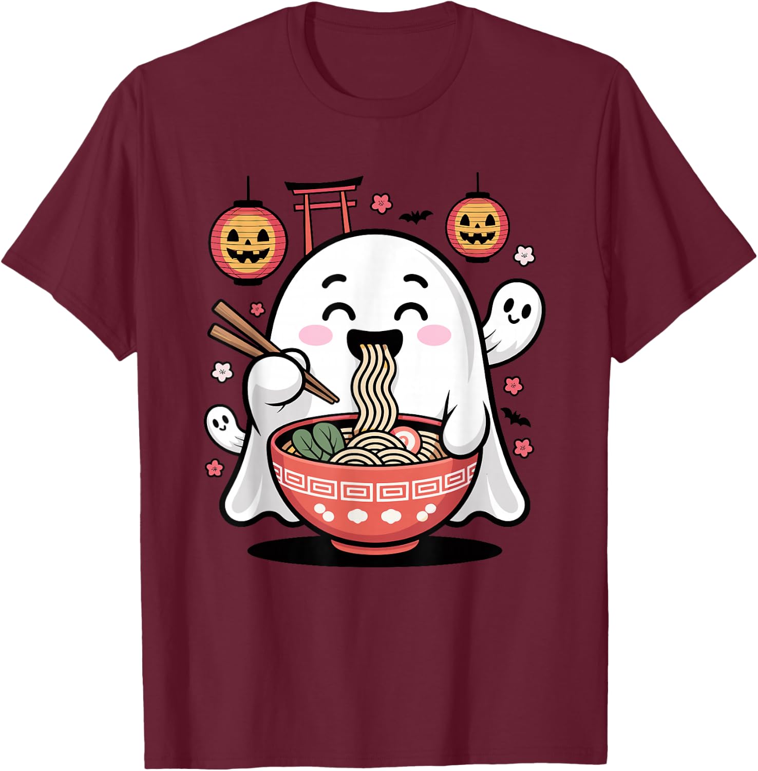 Mignon fantôme Mangeant Ramen Halloween Kawaii Effrayant T-Shirt - T-Shirt | Maroon