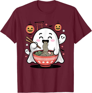 Mignon fantôme Mangeant Ramen Halloween Kawaii Effrayant T-Shirt - T-Shirt | Maroon