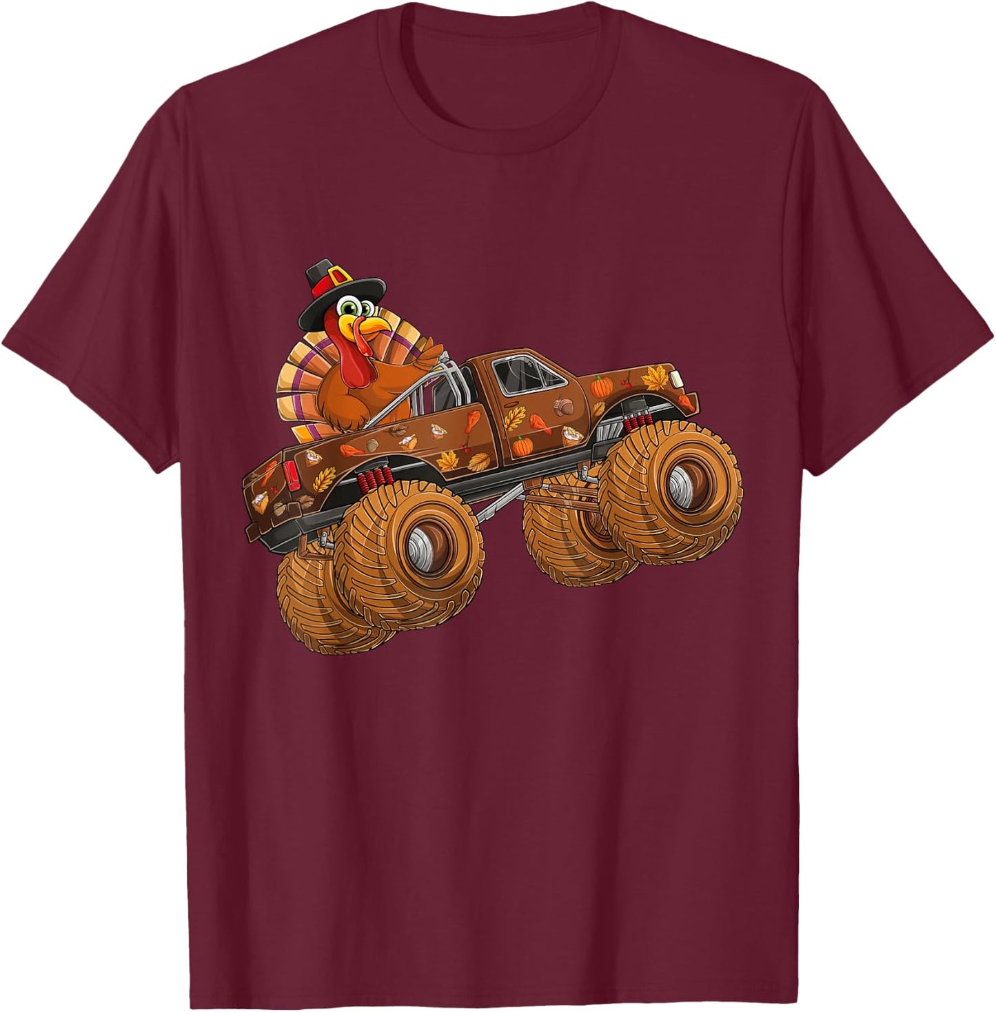 Funny Thanksgiving Turkey Day Riding Monster Truck Kids Boy T-Shirt - T-Shirt | Maroon