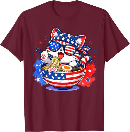 Cute Cat Ramen Anime American Flag USA Patriotic 4th of July T-Shirt - T-Shirt | Maroon