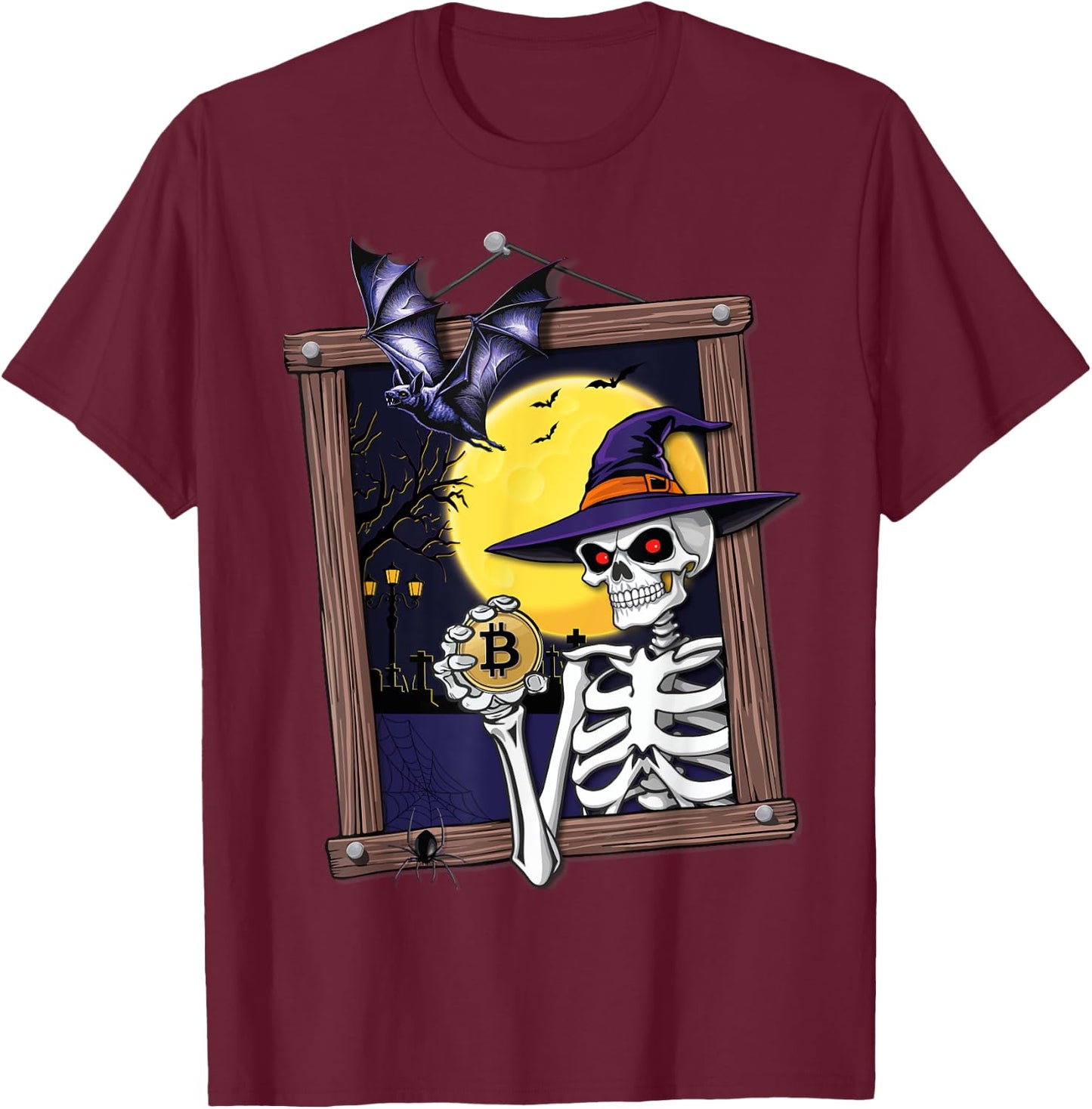 Funny Bitcoin Halloween Skeleton Spooky Crypto T-Shirt - T-Shirt | Maroon