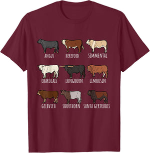 Type of Cow Breed Cattle Collection West Bulls Angus Farmer T-Shirt - T-Shirt | Maroon
