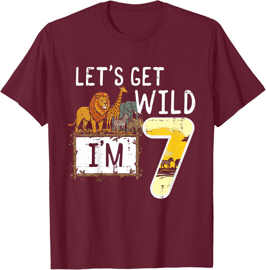Kids Lets Get Wild Im 7 Safari 7th Birthday Jungle Boys Girl Kids T-Shirt - T-Shirt | Maroon