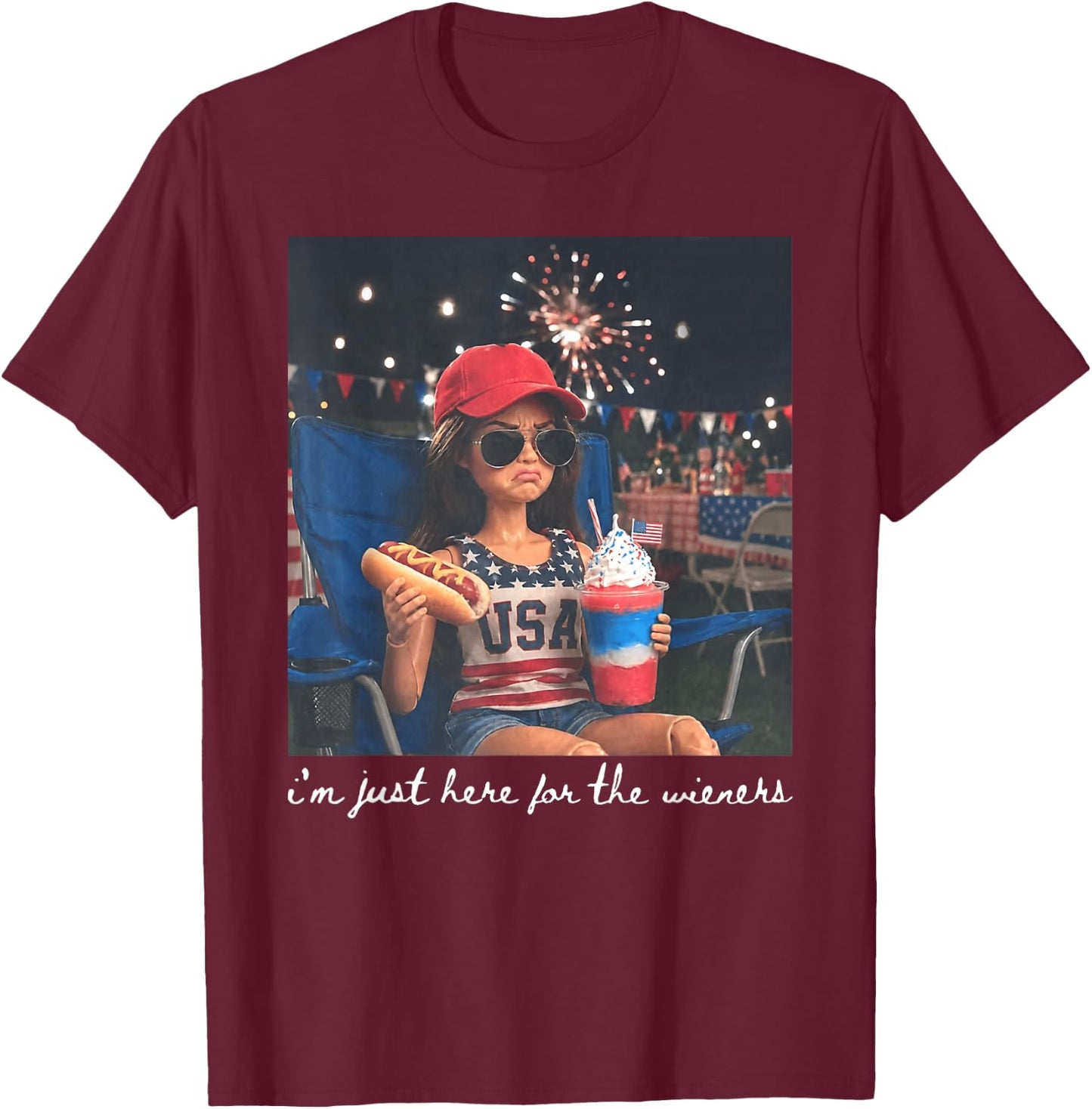 Just Here for The Wieners Funny 4th of July Girl Face Meme T-Shirt - T-Shirt | Maroon