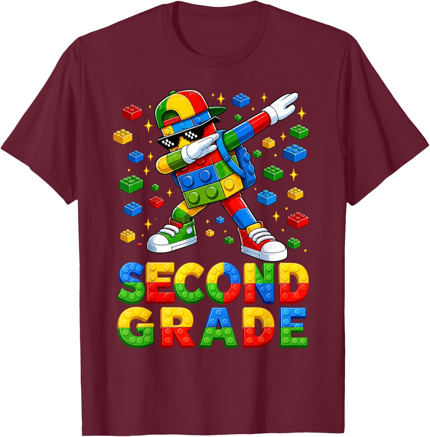 Hello 2nd Grade Kid Boy Building Blocks Brick Back to School T-Shirt - T-Shirt | Maroon