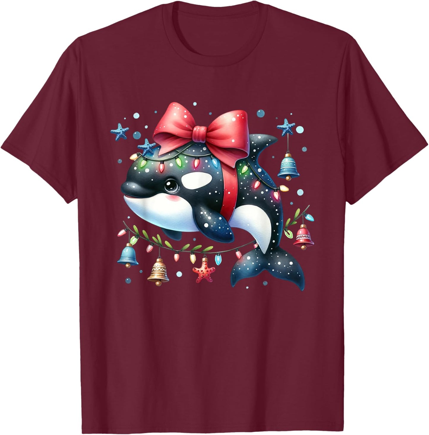 Santa Orca Killer Whale for Boys Girls Christmas Tree Lights T-Shirt - T-Shirt | Maroon