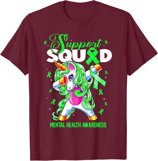 Cute Unicorn Support Squad Mental Health Awareness Month T-Shirt - T-Shirt | Maroon