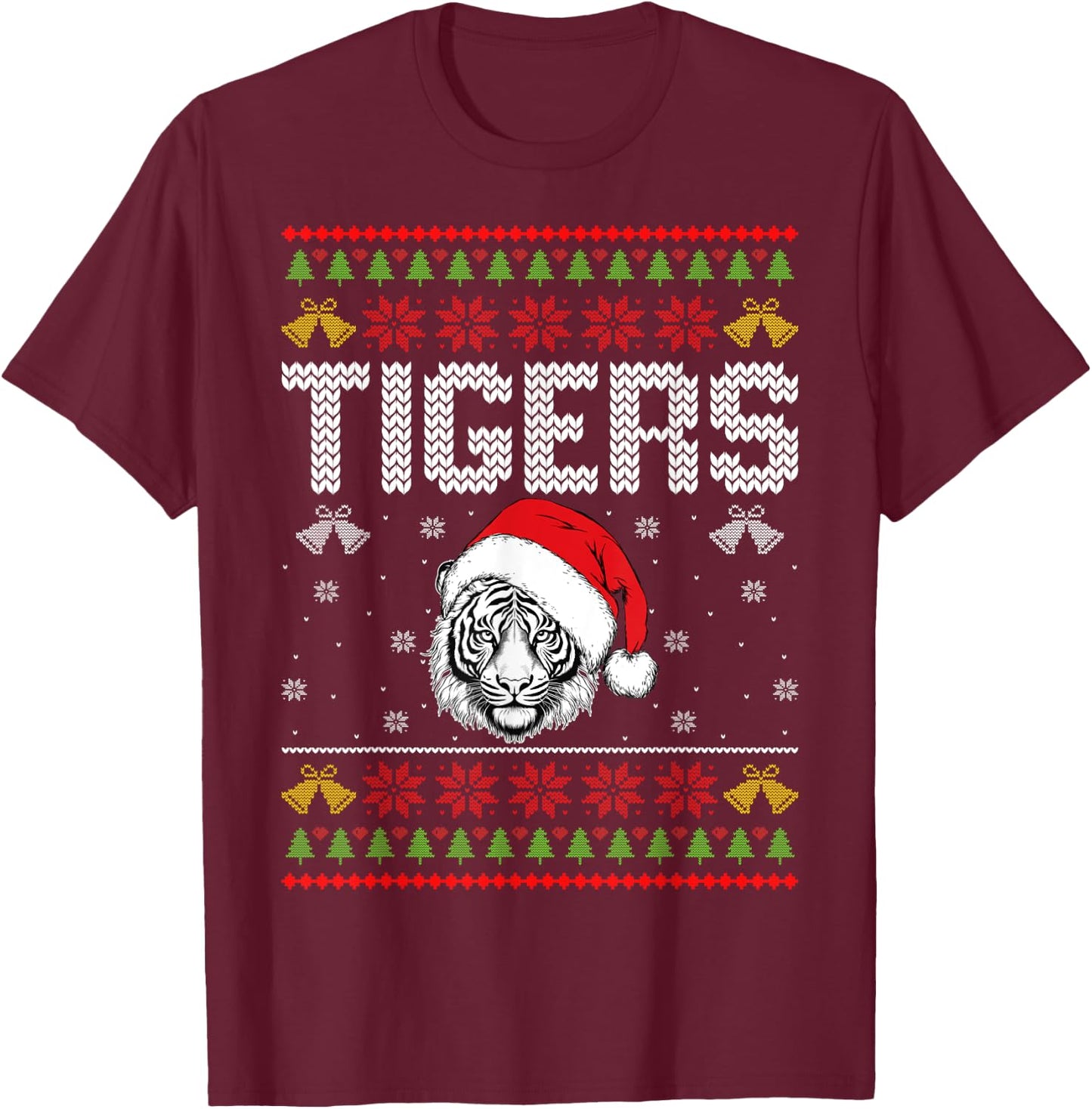Tiger Wearing Santa Hat Xmas Party Ugly Christmas Tiger T-Shirt - T-Shirt | Maroon