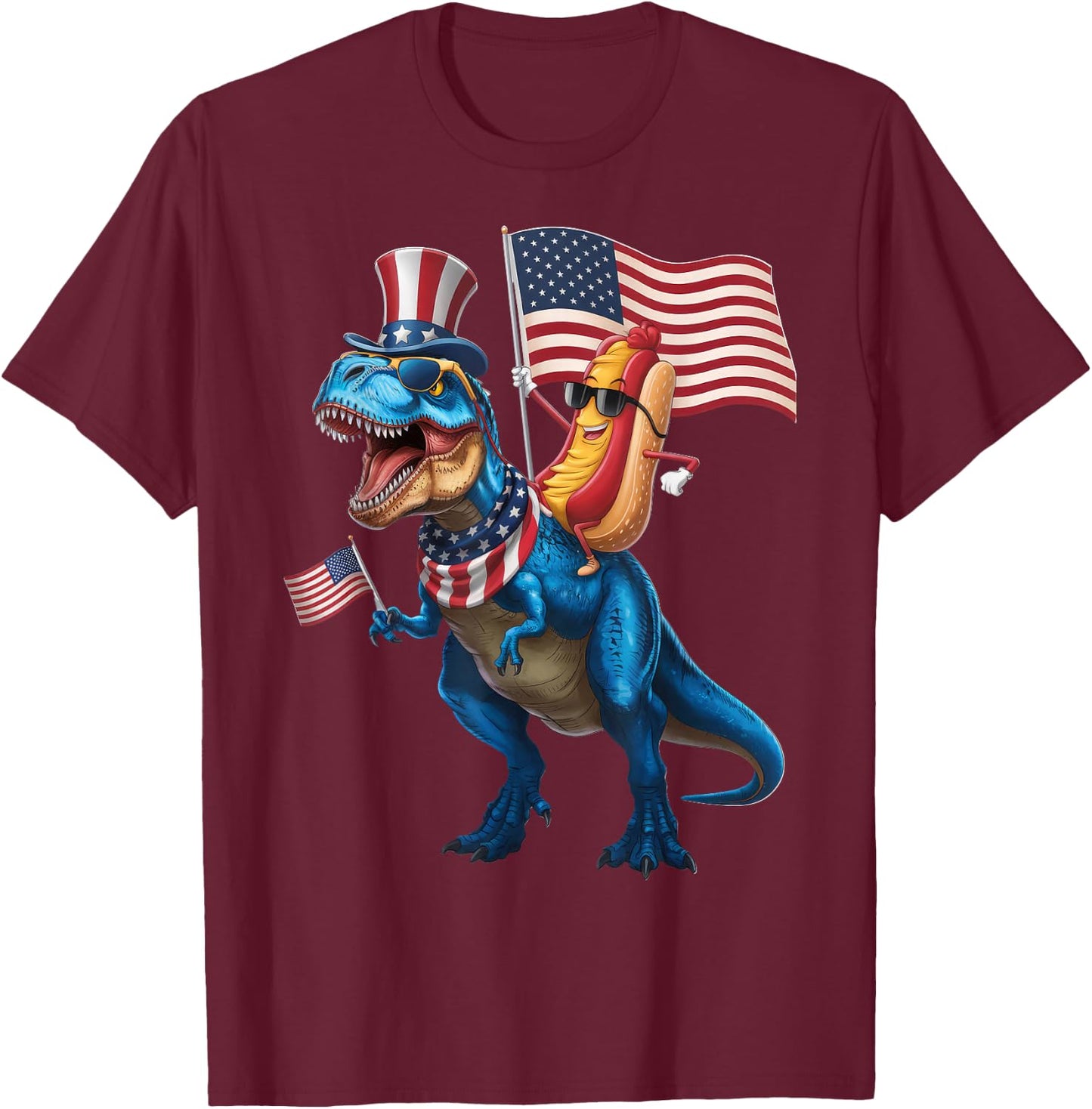 Hotdog Riding TRex Dinosaur 4th of July USA Flag T-Shirt - T-Shirt | Maroon