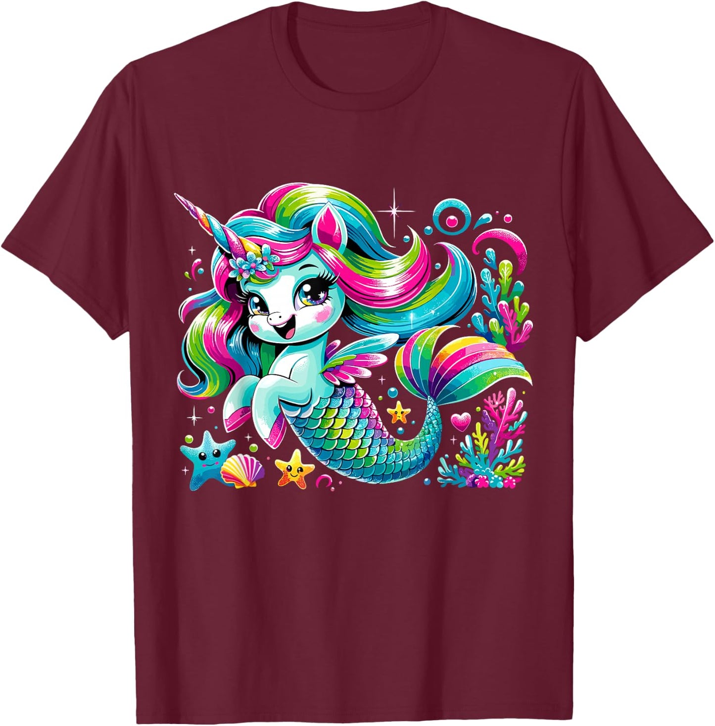 Cute Unicorn Mermaid Mermicorn T-Shirt - T-Shirt | Maroon