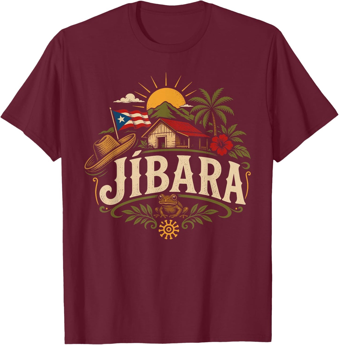 Jíbara Puerto Rico Pride Boricua Coquí Heritage Roots T-Shirt - T-Shirt | Maroon