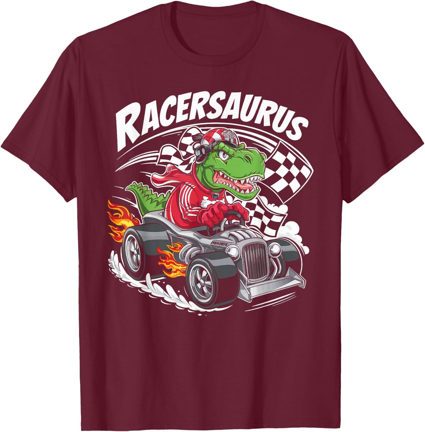 Funny Dinosaur Racer Racing Racersaurus Kids Boys T-Shirt - T-Shirt | Maroon