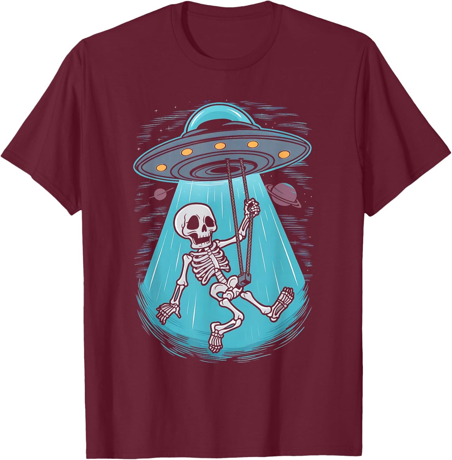 Skeleton Alien UFO Beam Swing Boys Girts Halloween Graphic T-Shirt - T-Shirt | Maroon