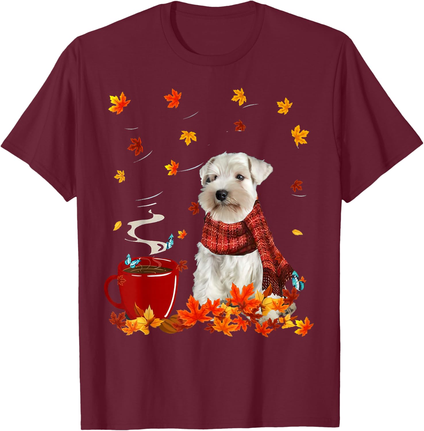 Schnauzer Fall Red Scarf Autumn Leaf For Dog Lover Men Women T-Shirt - T-Shirt | Maroon