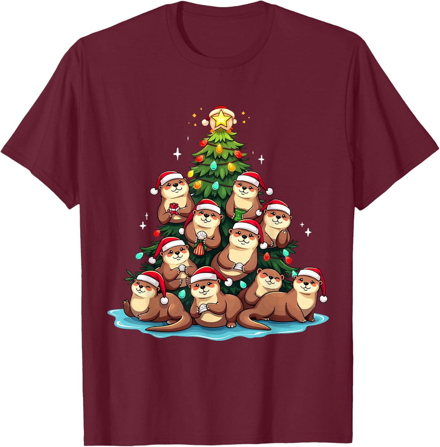 Otter Christmas Tree Funny Water Weasel Holiday T-Shirt - T-Shirt | Maroon