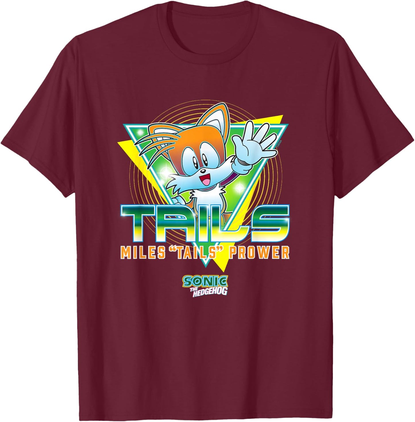 Sonic The Hedgehog Miles Tails Prower Retro Neon Logo T-Shirt - T-Shirt | Maroon