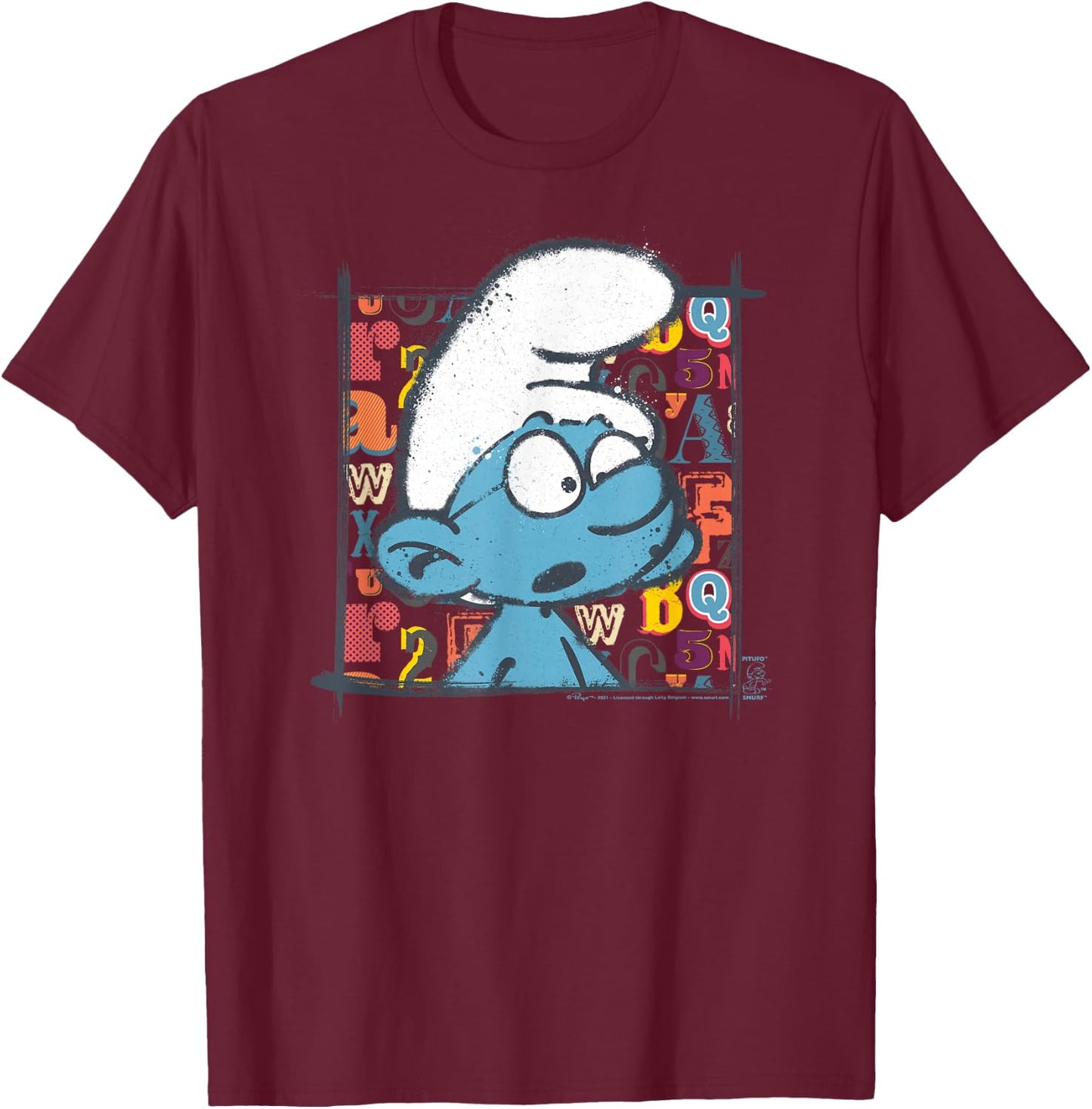 The Smurfs Brainy Alphabet Background T-Shirt - T-Shirt | Maroon