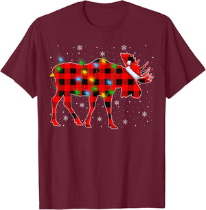 Moose Xmas Lighting Buffalo Plaid Moose Christmas Pajama T-Shirt - T-Shirt | Maroon