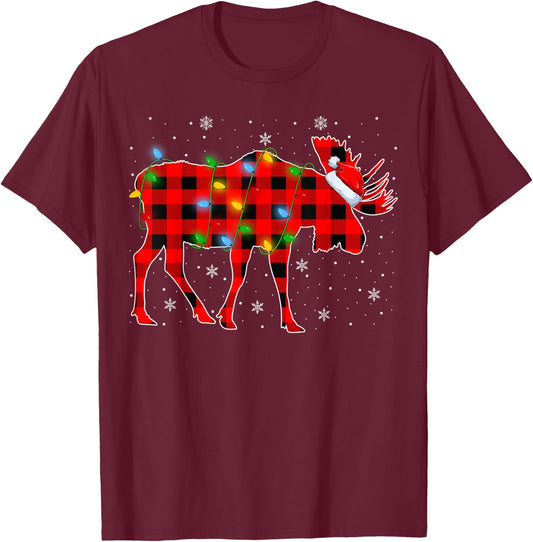 Moose Xmas Lighting Buffalo Plaid Moose Christmas Pajama T-Shirt - T-Shirt | Maroon