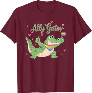 Proud Ally Gator Pride Month LGBTQ Alligator Rainbow Flag T-Shirt - T-Shirt | Maroon