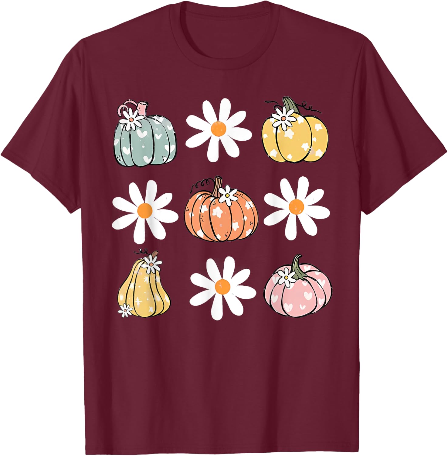 Pumpkin and Daisy Flowers Cute Fall Halloween Kids T-Shirt - T-Shirt | Maroon
