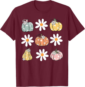 Pumpkin and Daisy Flowers Cute Fall Halloween Kids T-Shirt - T-Shirt | Maroon