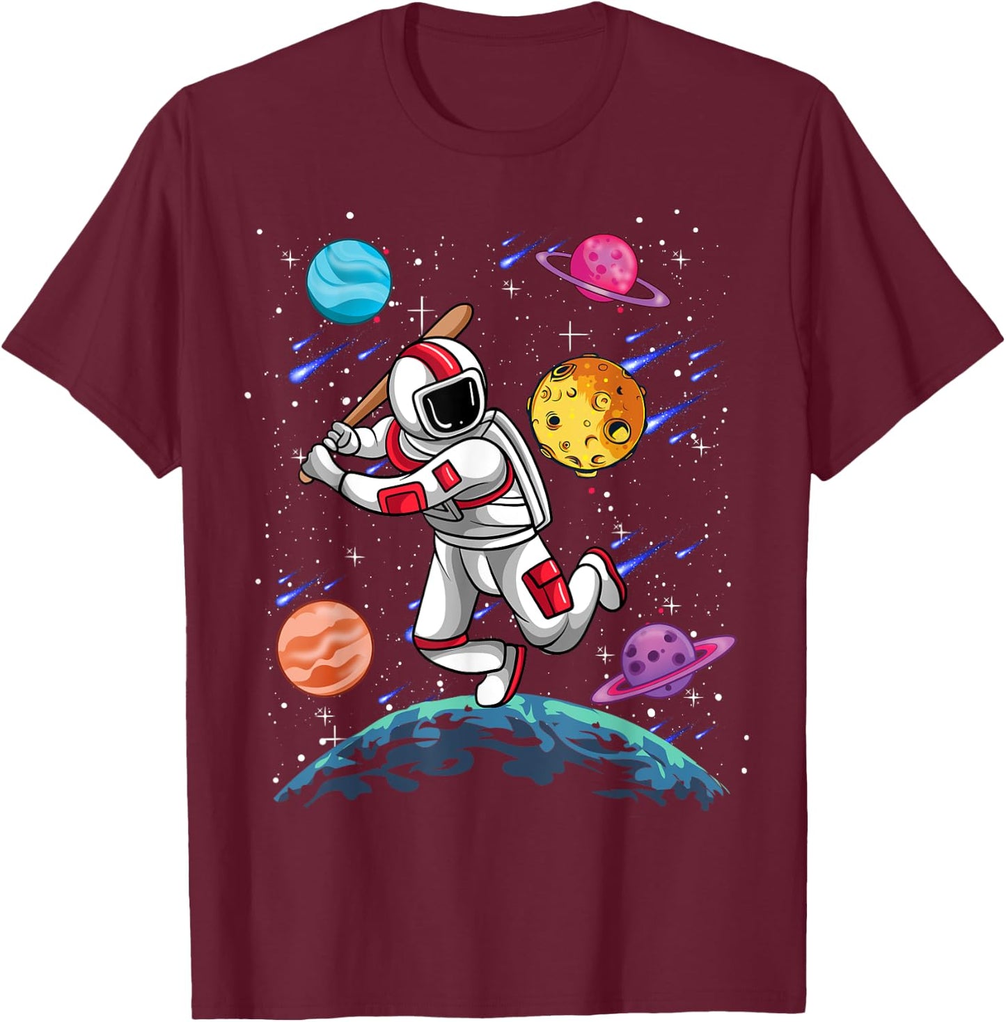 Astronaut Softball Player Sport Galaxy Outer Space Planets T-Shirt - T-Shirt | Maroon