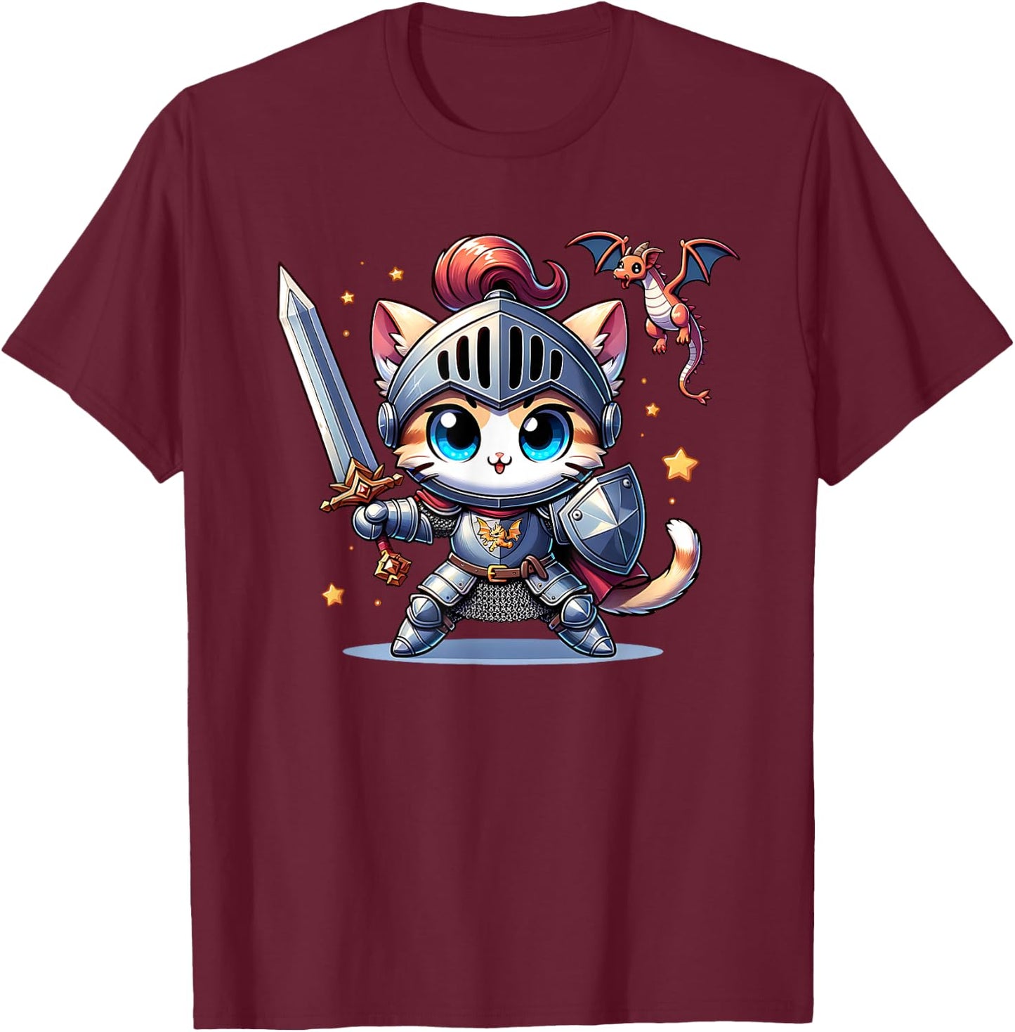 Ren Faire Medieval Knight Cat Kitten Sword Dragon Graphic T-Shirt - T-Shirt | Maroon