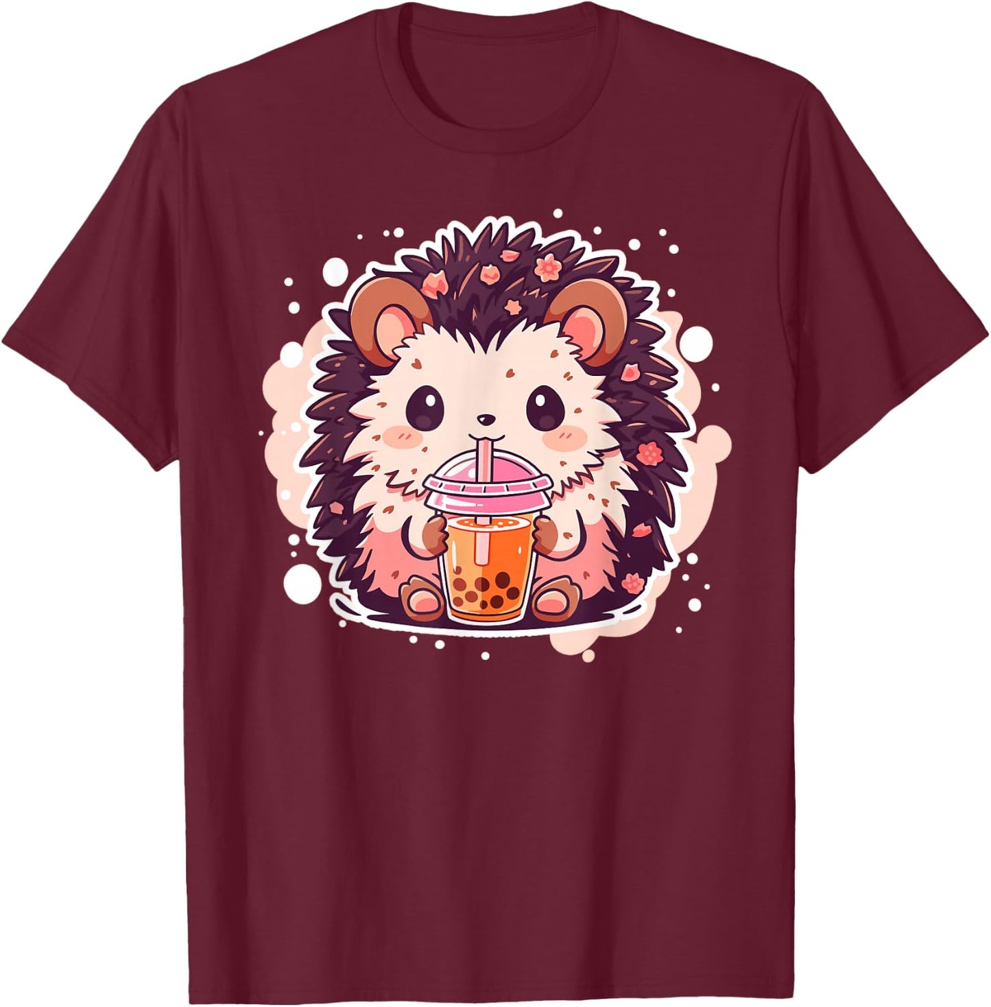 Kawaii Hedgehog drinks Bubble Tea Hedgehogs Boba T-Shirt - T-Shirt | Maroon