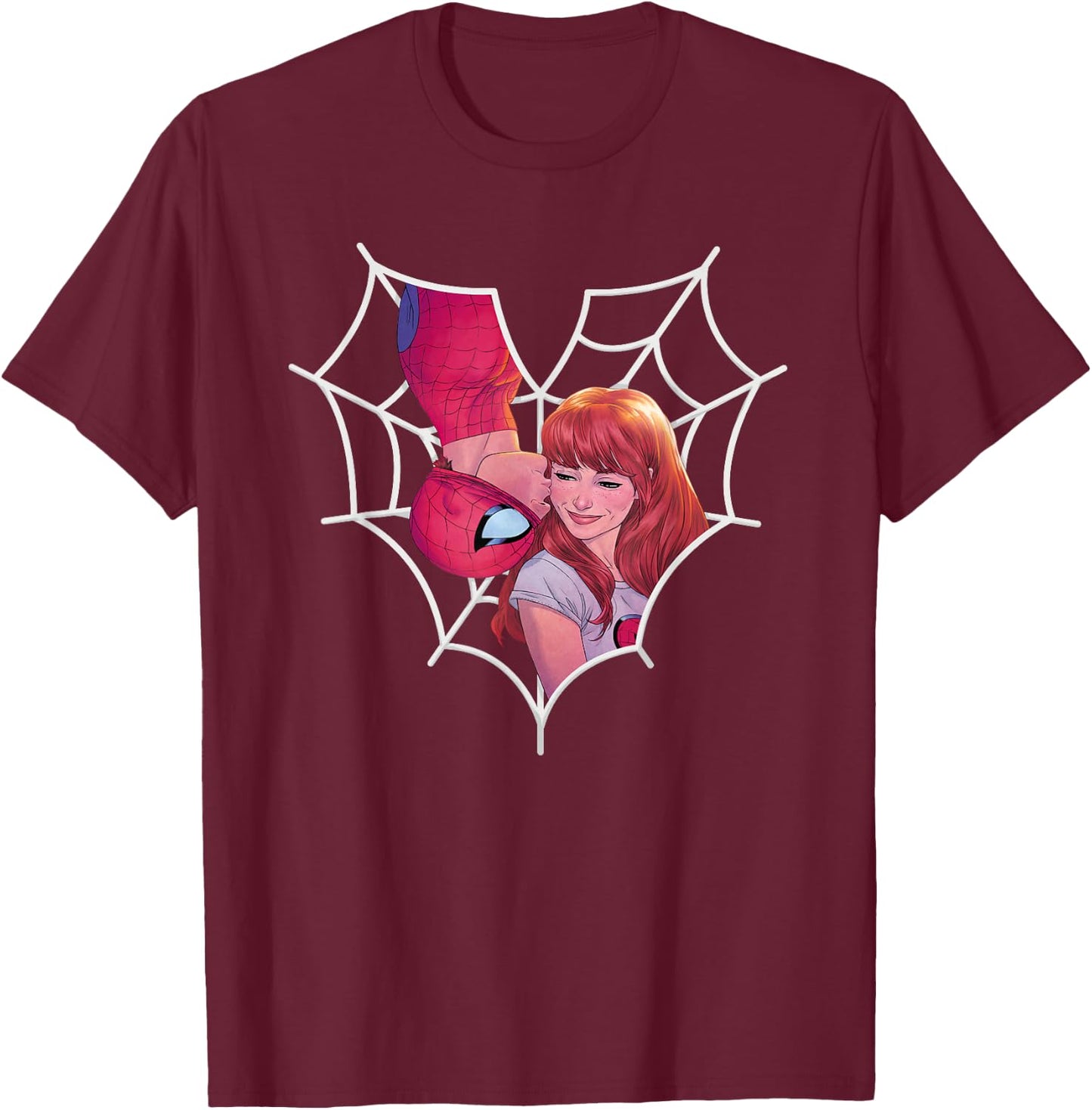 Marvel Spider-Man and Mary Jane Kiss Heart Web T-Shirt - T-Shirt | Maroon