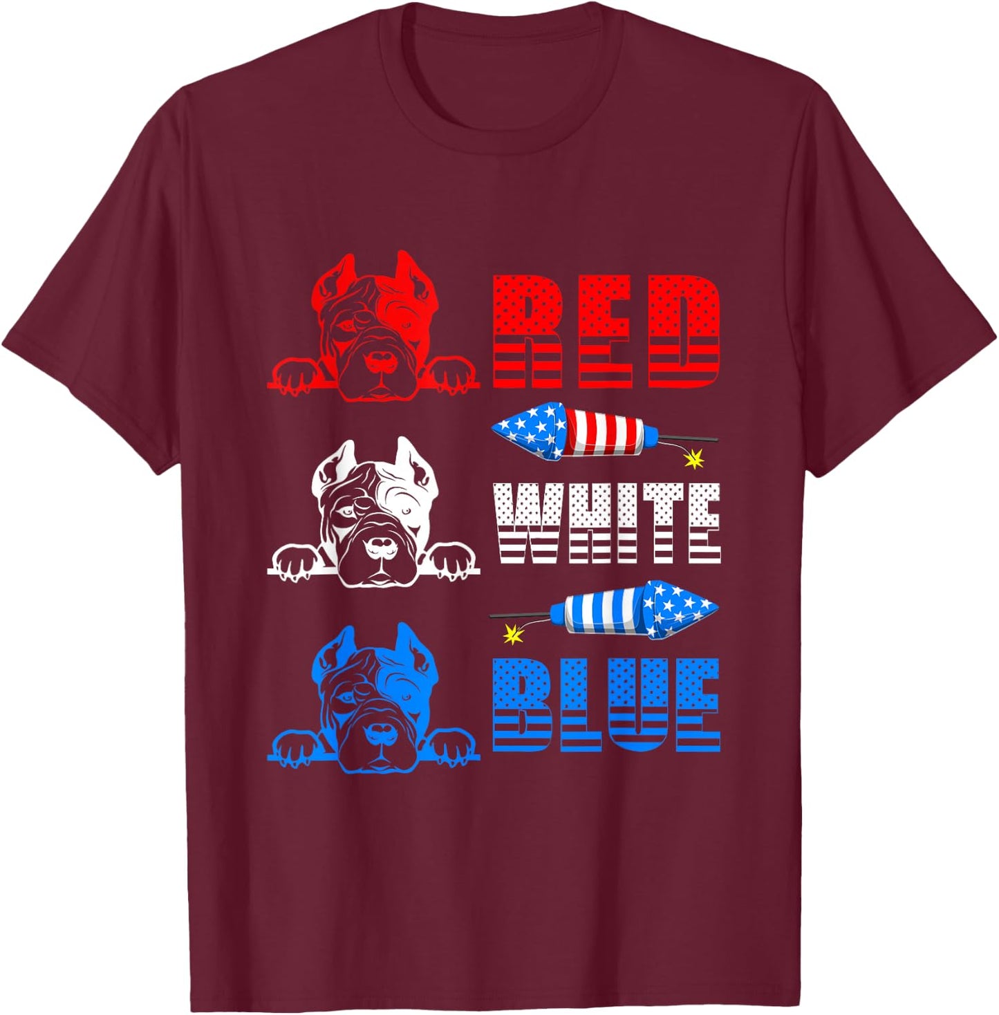 Red White Blue Three Cute Pit Bull 4th Of July American Flag T-Shirt - T-Shirt | Maroon