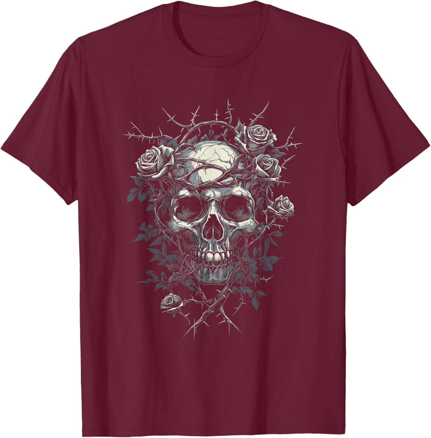 Totenkopf mit Rosen und Dornen - Gothic T-Shirt - T-Shirt | Maroon