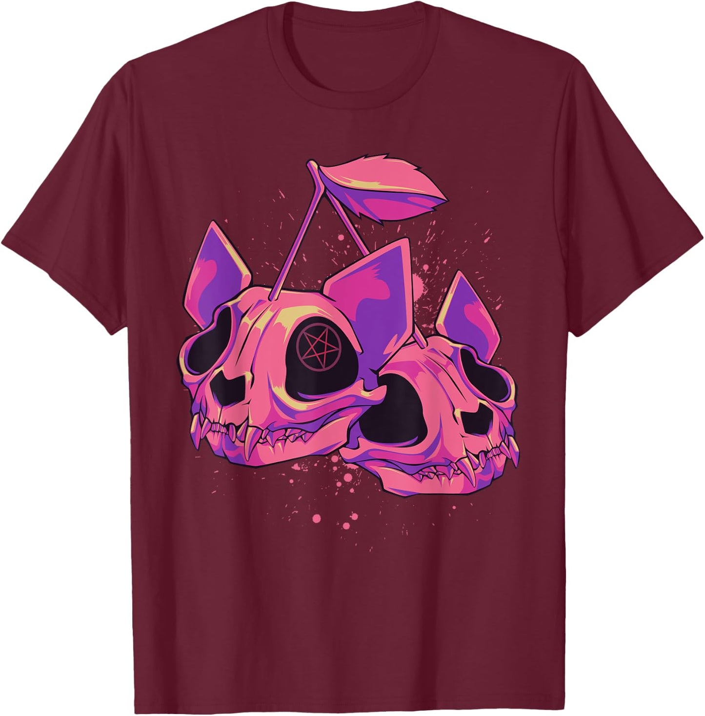 Pastel Goth Soft Grunge Cherry Cat Skulls T-Shirt - T-Shirt | Maroon