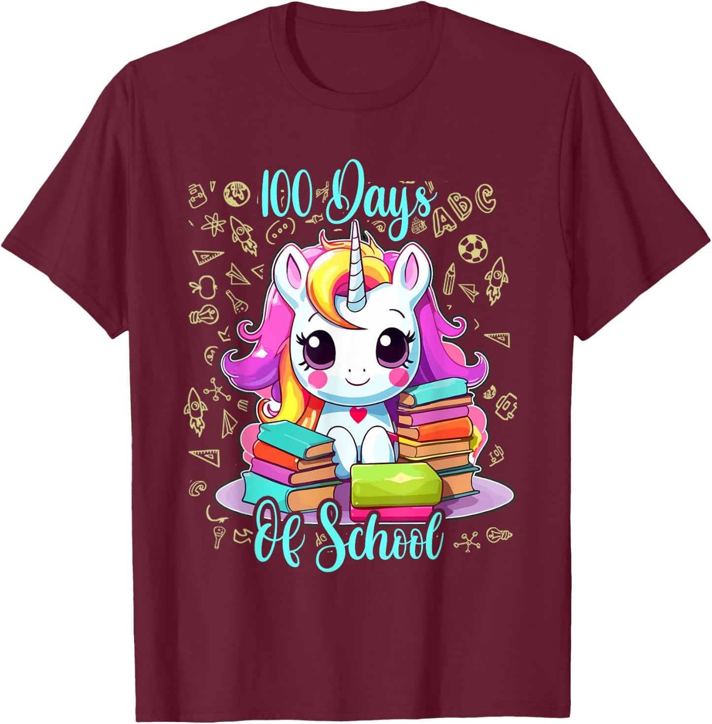 100 Days Of School Unicorn Shirt Girls, 100th Day Of School T-Shirt - T-Shirt | Maroon