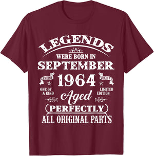 62nd Birthday Gift Legends Born In September 1964 62 Yrs Old T-Shirt - T-Shirt | Maroon