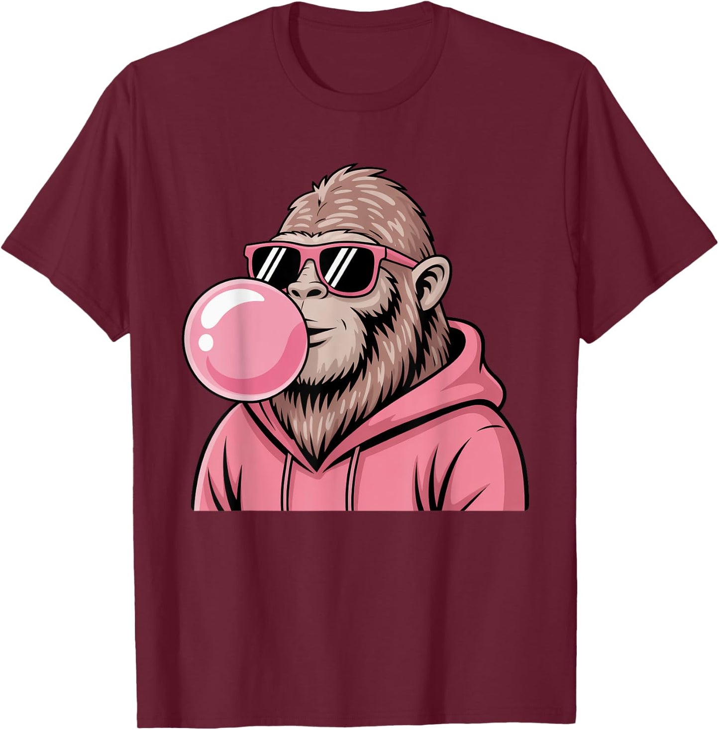 Bigfoot Sasquatch Blowing Pink Bubble Gum and Sunglasses T-Shirt - T-Shirt | Maroon