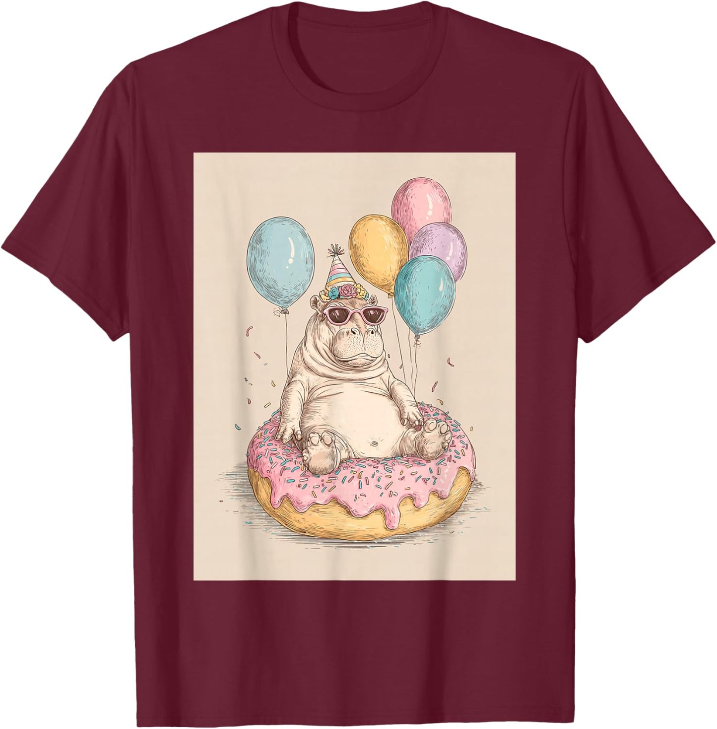 Funny Birthday Party Hippo Teen Boys Girls T-Shirt - T-Shirt | Maroon