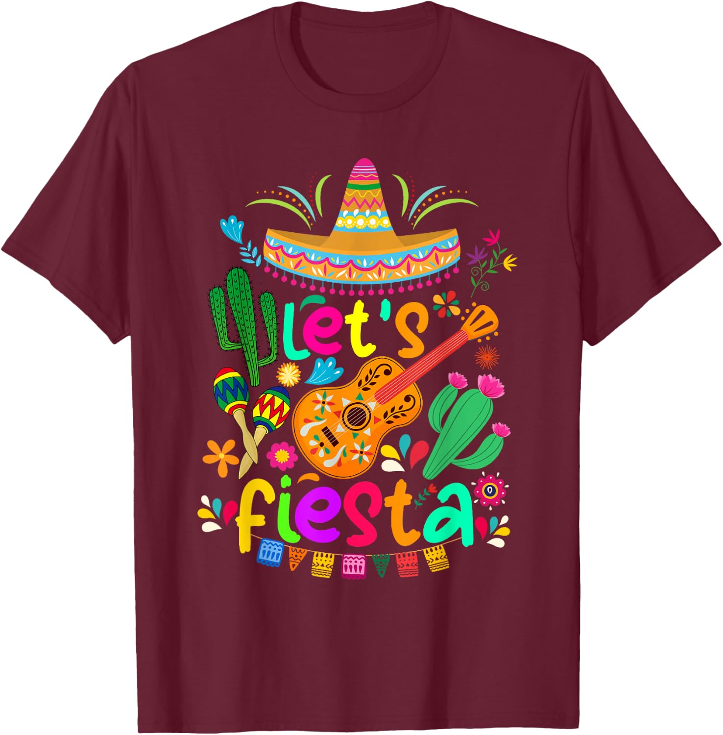 Cinco De Mayo Mexican Cactus Shirt Lets Fiesta Party , Black, S T-Shirt - T-Shirt | Maroon