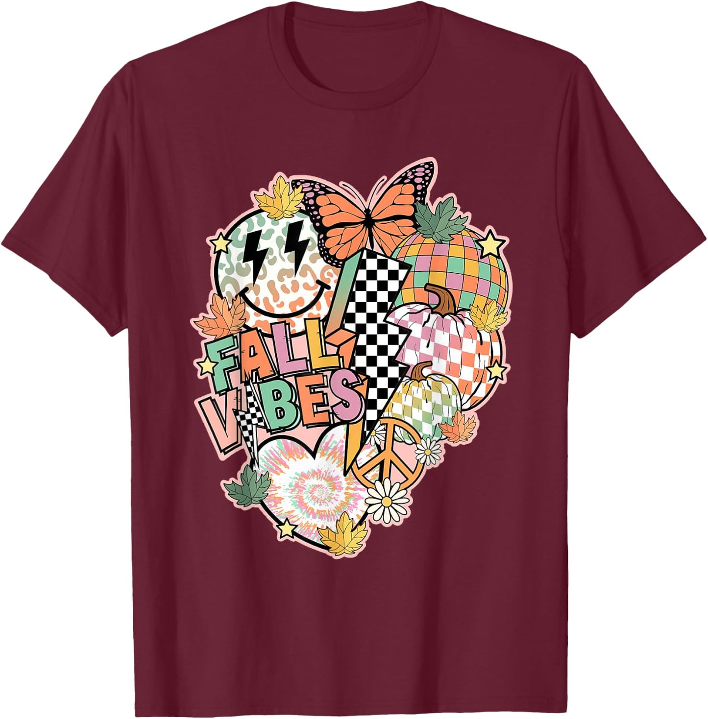 Fall Vibes Smile Face Hippie Groovy Thanksgiving Autumn T-Shirt - T-Shirt | Maroon