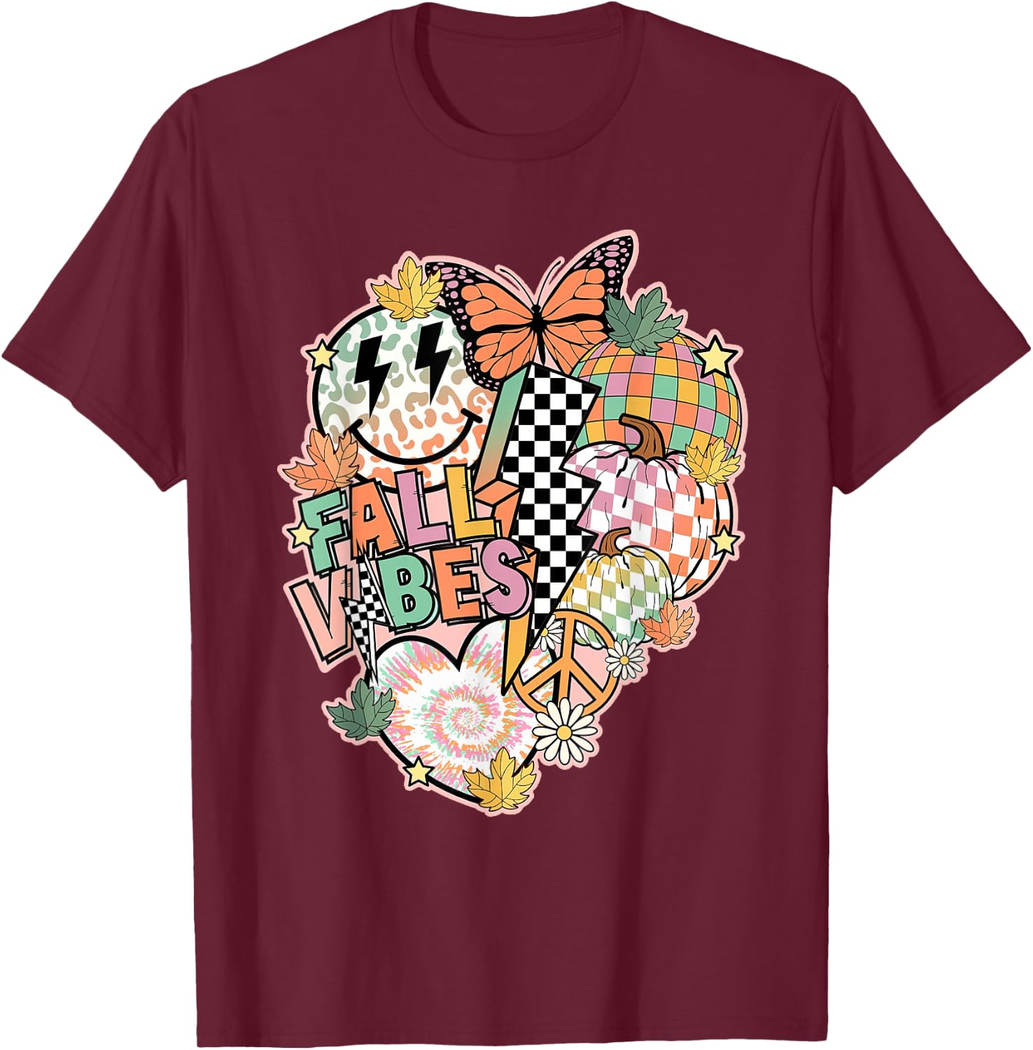 Fall Vibes Smile Face Hippie Groovy Thanksgiving Autumn T-Shirt - T-Shirt | Maroon