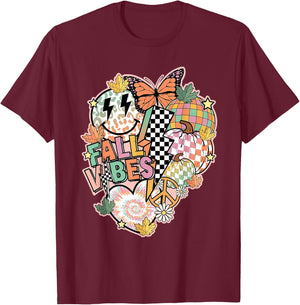 Fall Vibes Smile Face Hippie Groovy Thanksgiving Autumn T-Shirt - T-Shirt | Maroon